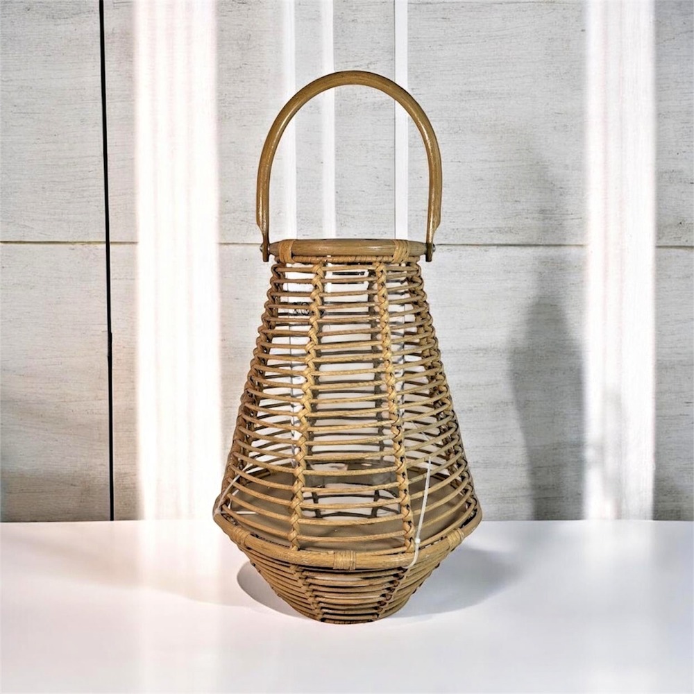 NEW Bamboo Lantern with Glass Hurricane And Handle 16" Tall Coastal Decor Lamp